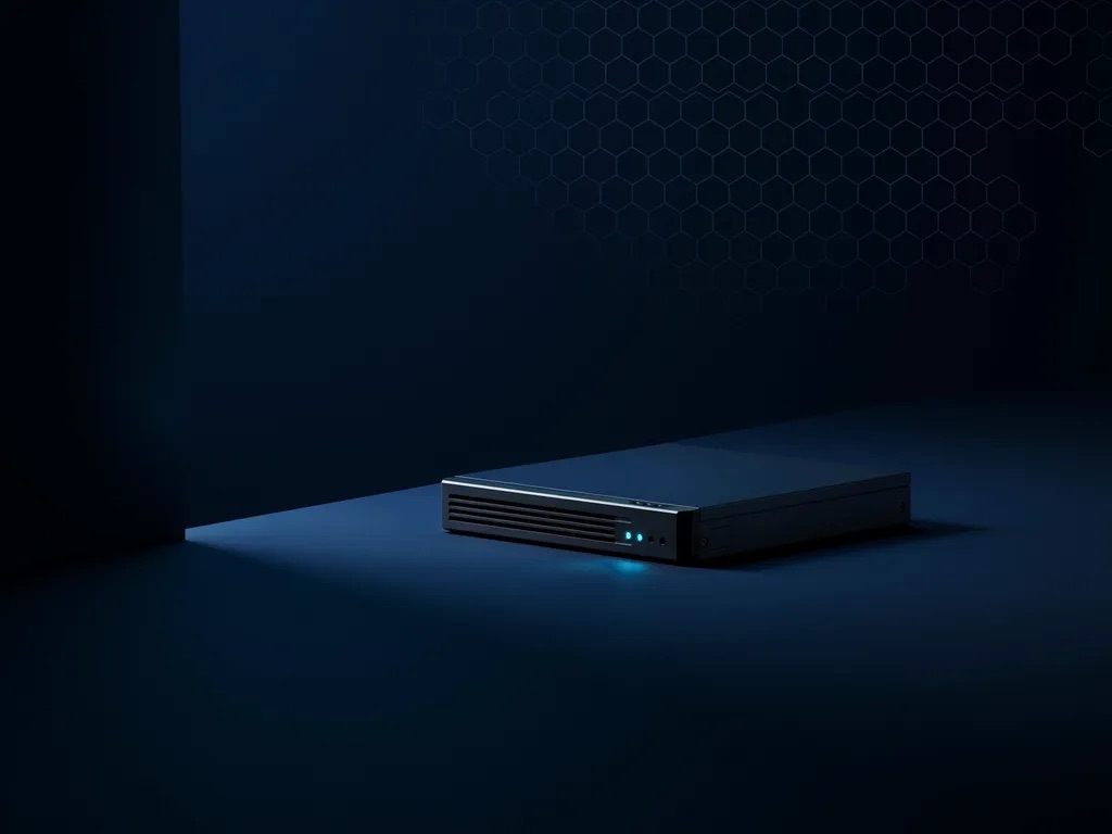 secano Cloud: kompakter Server mit cyanfarbenen Status-LEDs auf dunkler Fläche