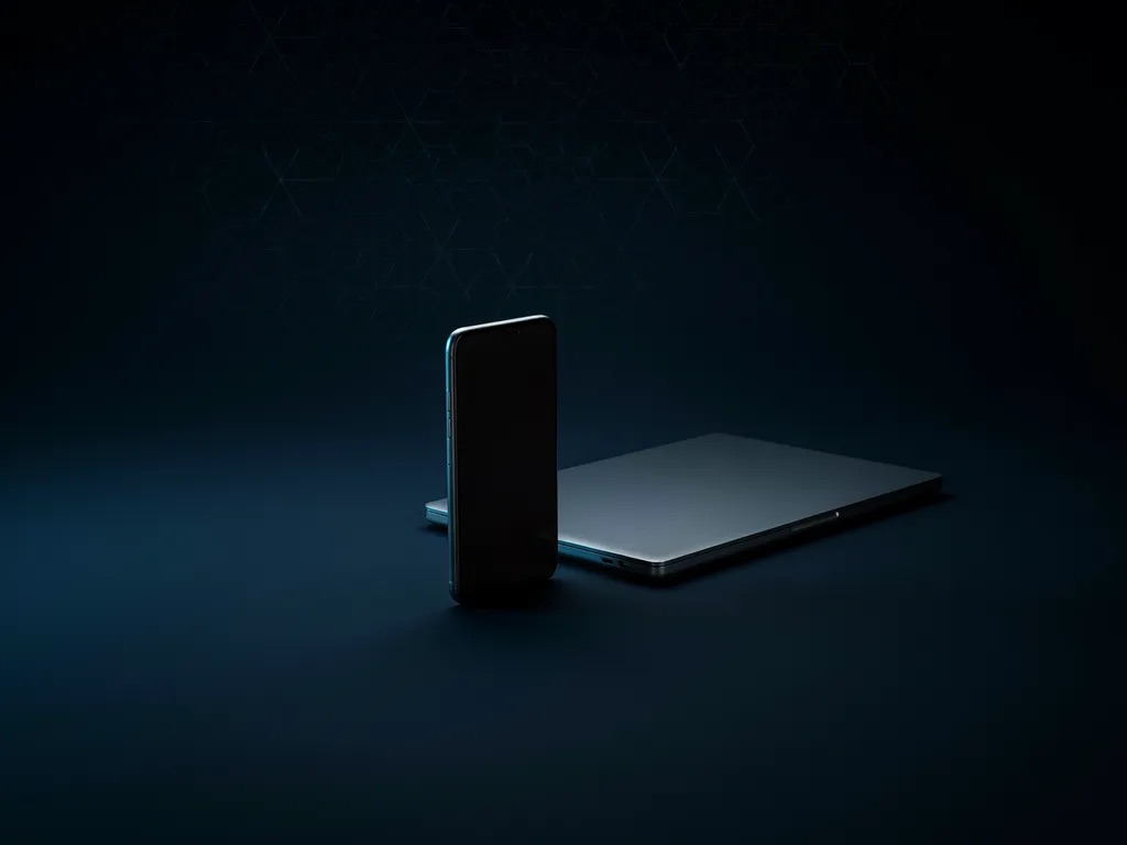 secano Hardware: gehärtetes Smartphone und Laptop auf dunkler Fläche mit cyanfarbenem Rimlight